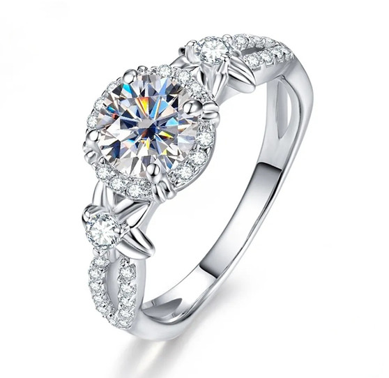 round moissanite flower engagement ring in rhodium over sterling silver