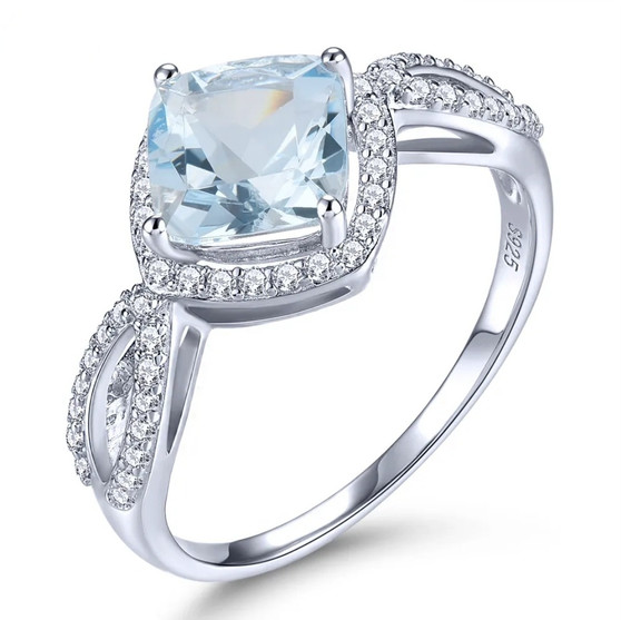 aquamarine and white zircon cushion halo ring in rhodium over sterling silver