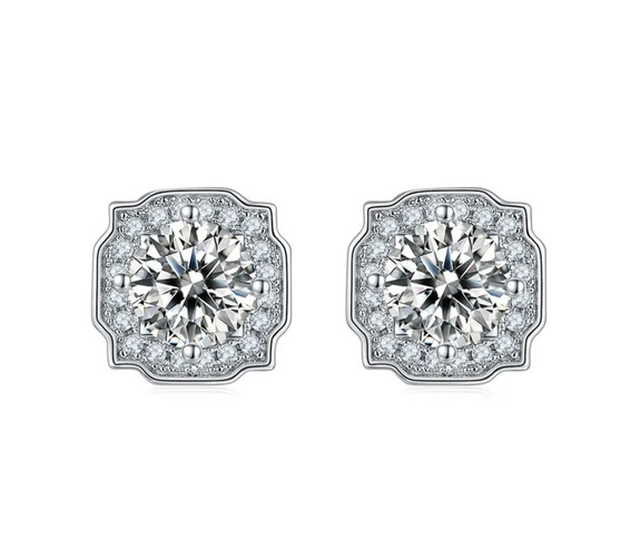 moissanite brilliance round halo stud earrings in rhodium over sterling silver