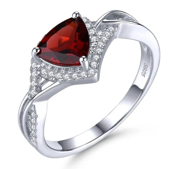 garnet or peridot trillion and white zircon halo ring in rhodium over sterling silver
