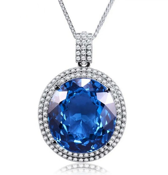 front view of swiss blue topaz and diamond oval double halo 18k white gold necklace