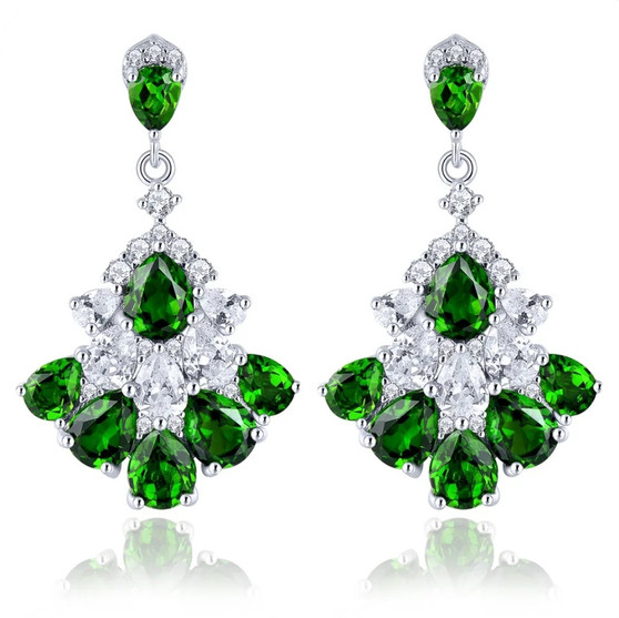 elegant chrome diopside and white zircon dangle earrings in rhodium over sterling silver