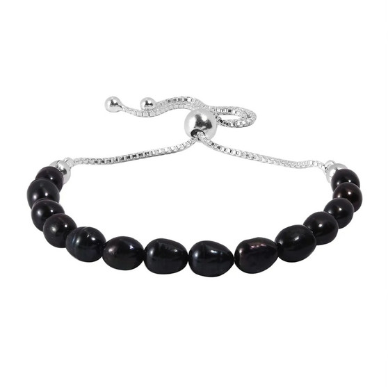 natural black freshwater pearl bolo bracelet in rhodium over sterling silver