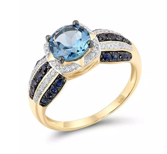 front view of london blue topaz sapphire and diamond 14k yellow gold ring