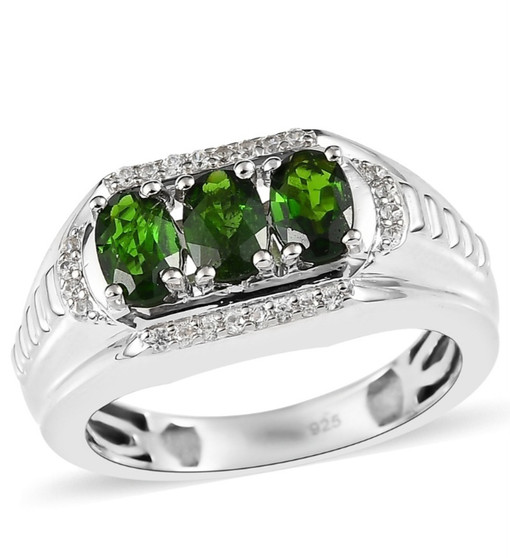 chrome diopside and white zircon mens three stone ring in rhodium over sterling silver
