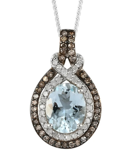 aquamarine champagne and white diamond halo necklace in rhodium over sterling silver
