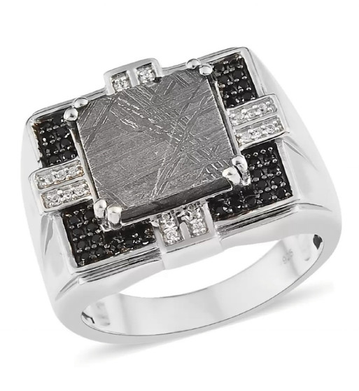 meteorite black spinel and white zircon mens ring in rhodium over sterling silver