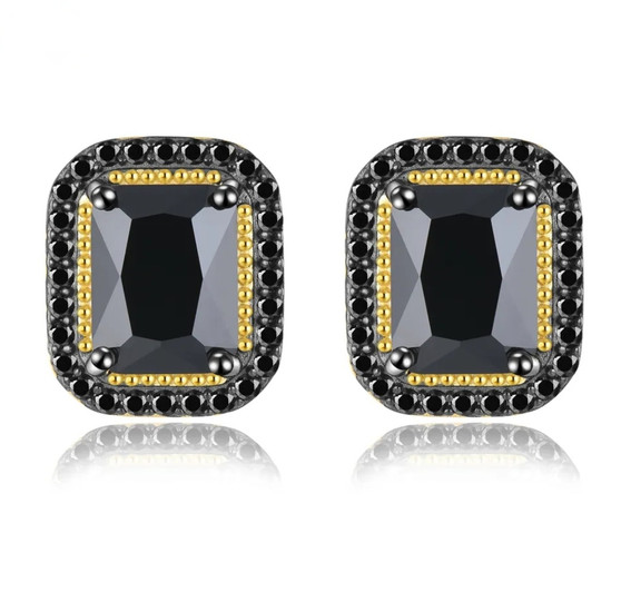 emerald cut black spinel halo stud earrings in 18k yellow gold over sterling silver