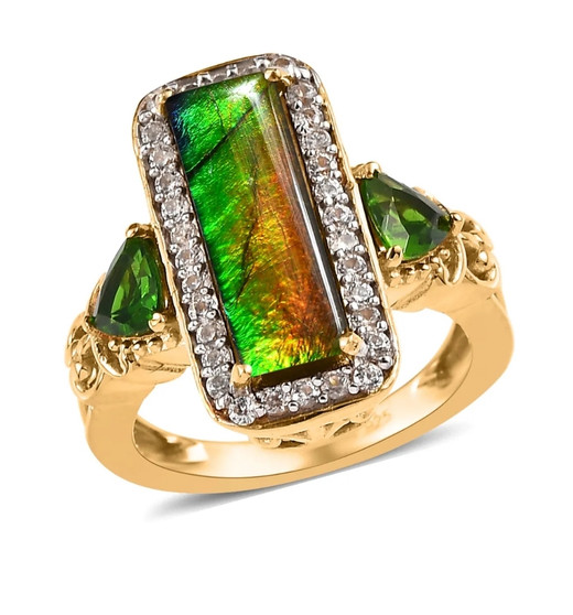 ammolite chrome diopside and zircon halo ring in 18k yellow gold over sterling silver