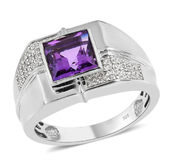modern mens amethyst and white zircon ring in rhodium over sterling silver