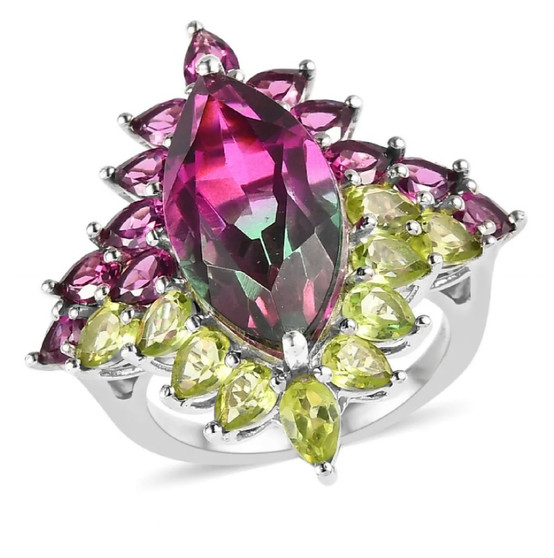 marquise bi color quartz triplet rhodolite garnet and peridot halo ring in rhodium over sterling silver