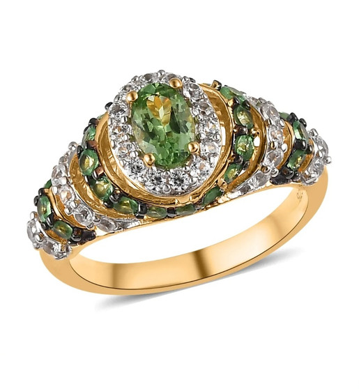 tsavorite garnet and white zircon halo ring in 18k yellow gold over sterling silver