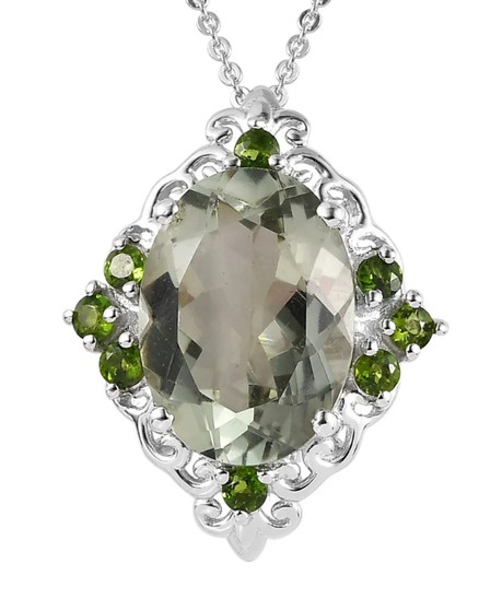 prasiolite and chrome diopside pendant necklace in rhodium over sterling silver