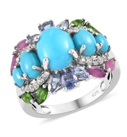 multi gemstone arizona sleeping beauty turquoise cocktail ring in rhodium over sterling silver