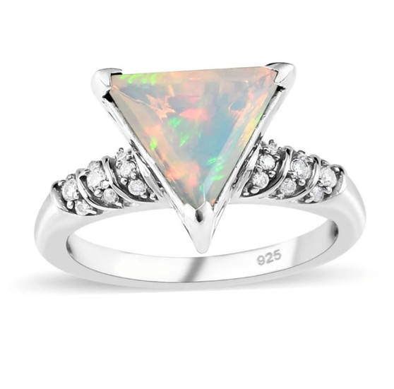 ethiopian opal triangle ring with moissanite accents in rhodium over sterling silver