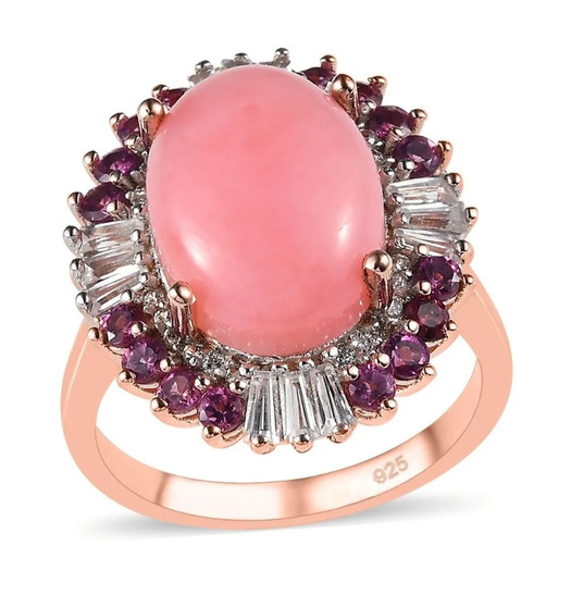 pink opal rhodolite garnet and zircon halo ring in 18k rose gold over sterling silver