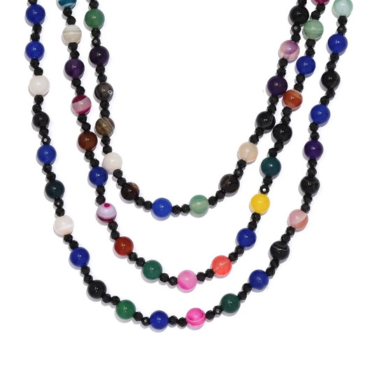 multi agate and black spinel beaded strand necklace front