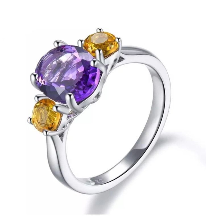 Amethyst & Citrine Trilogy Ring in Rhodium over 925 Sterling Silver 2.14ctw