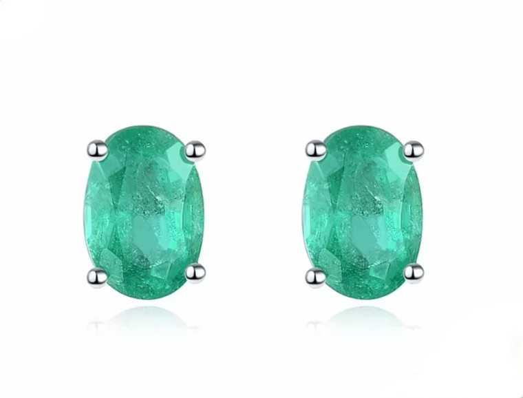 Oval Colombian Emerald Stud Earrings in Rhodium over Sterling Silver 1ctw