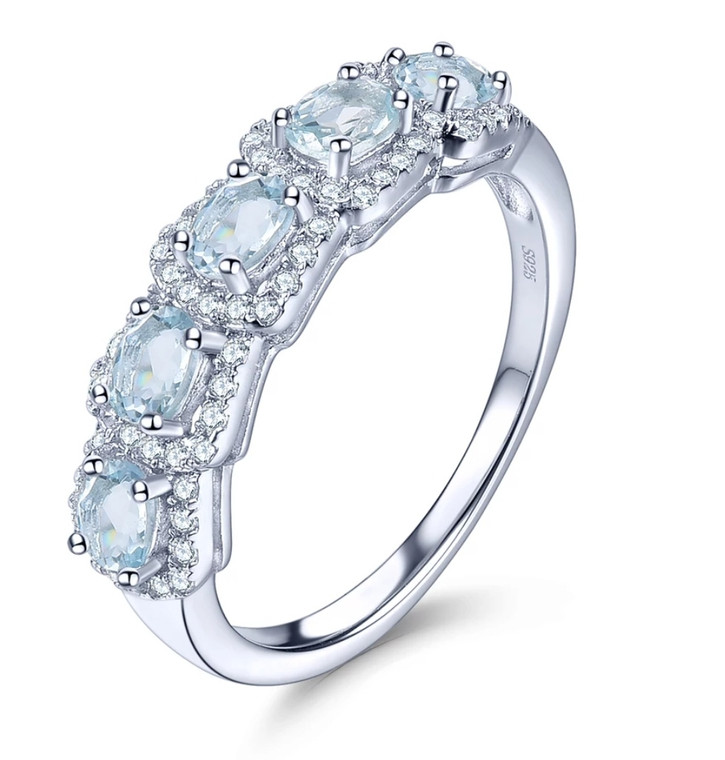 Aquamarine & White Zircon Ring in Rhodium over Sterling Silver 1.1ctw