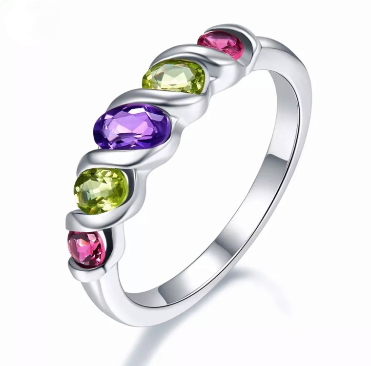 Amethyst, Peridot & Rhodolite Band Ring in Rhodium over Sterling Silver