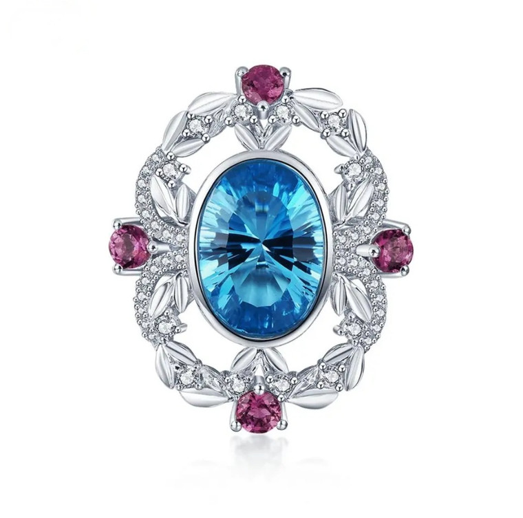 Blue Topaz, Rhodolite Garnet & Zircon Brooch in Rhodium over Sterling Silver