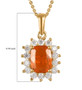 fire opal and moissanite necklace in 18k yellow gold over sterling silver shown for size comparison