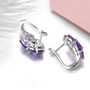 clasp detail of amethyst cluster j-hoop earrings in rhodium over sterling silver