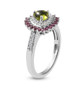 side view of vesuvianite rhodolite and zircon trillion halo ring in rhodium over sterling silver