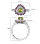 vesuvianite rhodolite and zircon trillion halo ring in rhodium over sterling silver shown for size comparison