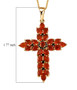 cherry fire opal and black spinel cross necklace in 18k yellow gold over sterling silver shown for size comparison