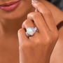 ethiopian opal and white zircon lotus flowers enamel ring in rhodium over sterling silver on model
