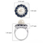 freshwater pearl sapphire and moissanite triple halo ring in rhodium over sterling silver shown for size comparison