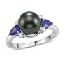 front view of tahitian pearl tanzanite and moissanite three stone ring in rhodium over sterling silver