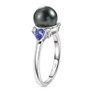 side view of tahitian pearl tanzanite and moissanite three stone ring in rhodium over sterling silver