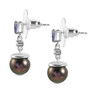 tahitian pearl tanzanite and moissanite drop earrings in rhodium over sterling silver