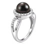 side view of tahitian pearl and moissanite halo split shank ring in rhodium over sterling silver