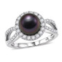 front view of tahitian pearl and moissanite halo split shank ring in rhodium over sterling silver