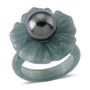 tahitian pearl and guatemalan jadeite jade carved flower ring with rhodium over sterling silver front