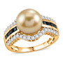 golden south sea pearl blue sapphire and moissanite ring in 18k vermeil yellow gold over sterling silver front
