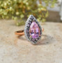 kunzite pink and green sapphire and moissanite pear double halo ring in 18k vermeil rose gold over sterling silver live studio