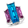 front view of blue and pink quartz triplet trilogy cocktail ring in rhodium over sterling silver