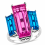 front view of blue and pink quartz triplet trilogy cocktail ring in rhodium over sterling silver