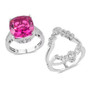 full view of pink quartz triplet and zircon two ring set in rhodium over sterling silver