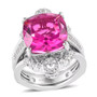 front view of pink quartz triplet and zircon two ring set in rhodium over sterling silver