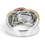 natural pink and white diamond cluster wide band ring in 14k tri-tone gold