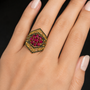 lab created ruby and black spinel floral cluster openwork ring in 18k vermeil yellow gold over sterling silver on hand model