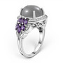 side view of gray moonstone amethyst and white zircon ring in rhodium over sterling silver