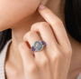 gray moonstone amethyst and white zircon ring in rhodium over sterling silver worn on a hand