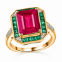 fissure filled ruby emerald and white zircon emerald cut halo ring in 18k vermeil yellow gold over sterling silver front